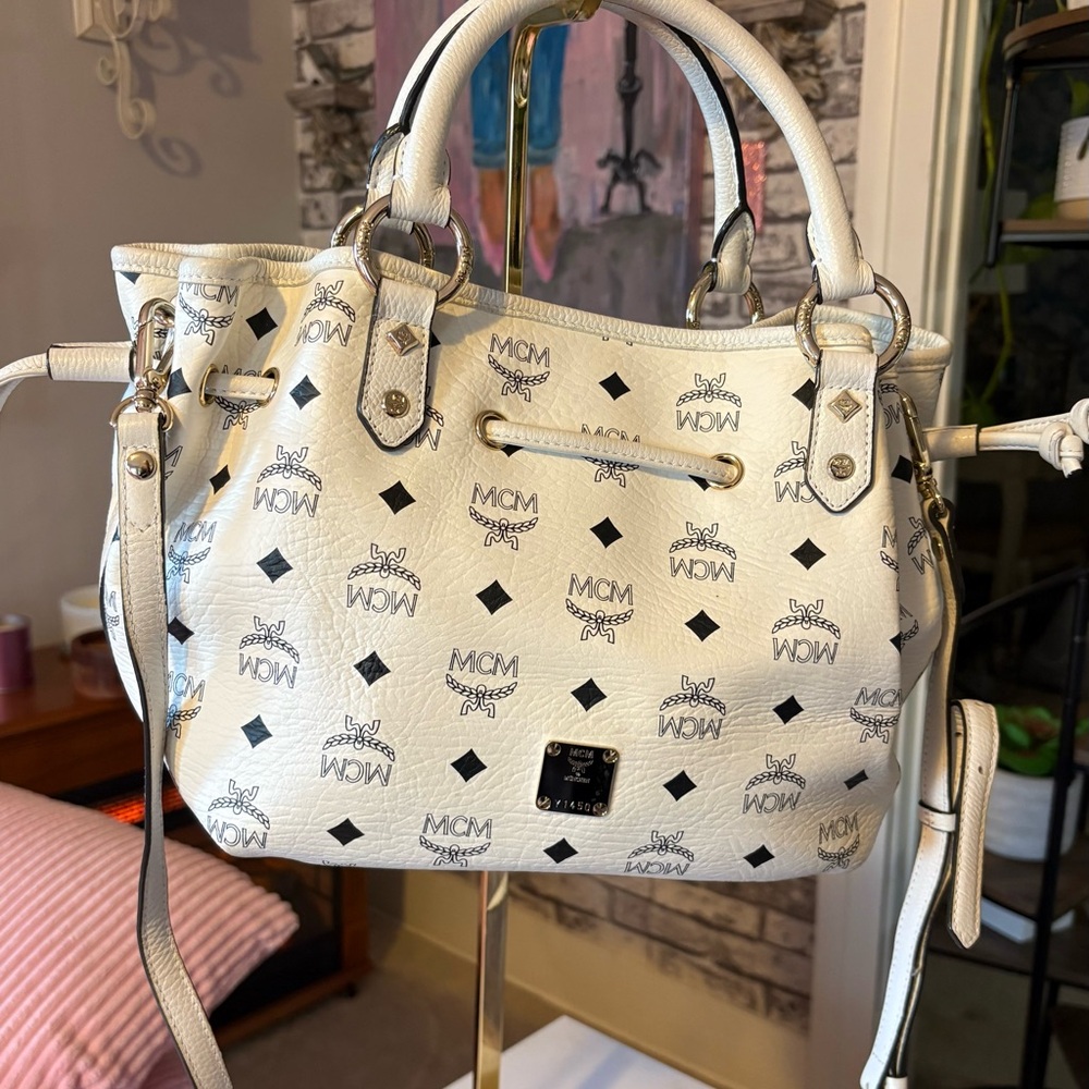 MCM White and Black Leather Satchel